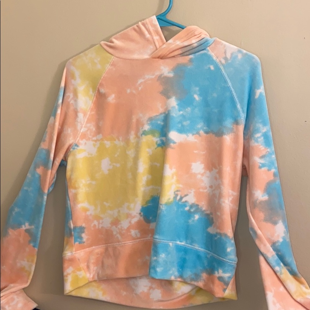 Pink, blue, and yellow tie-dye sweatshirt